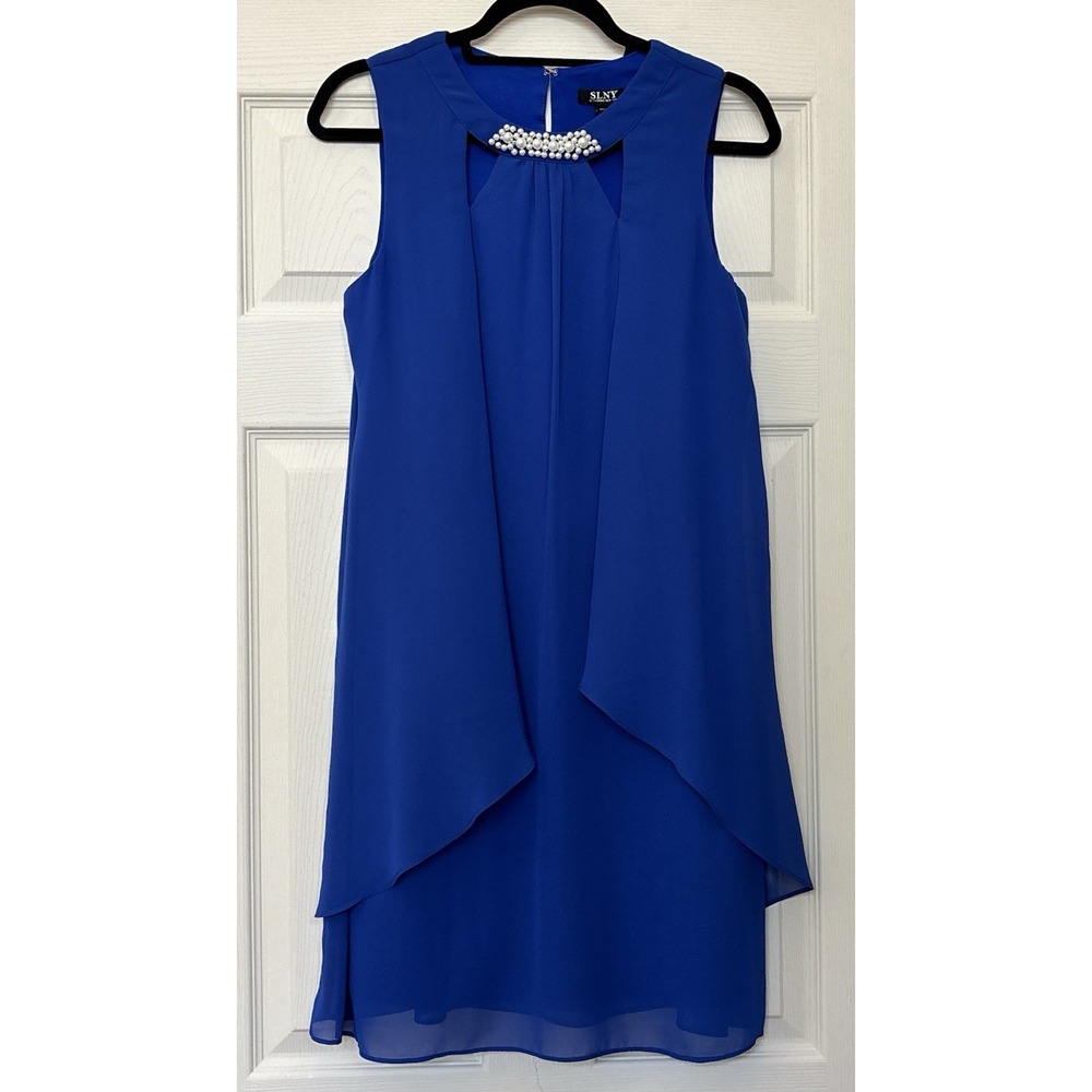 SLNY Royal Blue Sleeveless Cutout Pearl Neck Sheer Overlay Shift Dress Size 6
